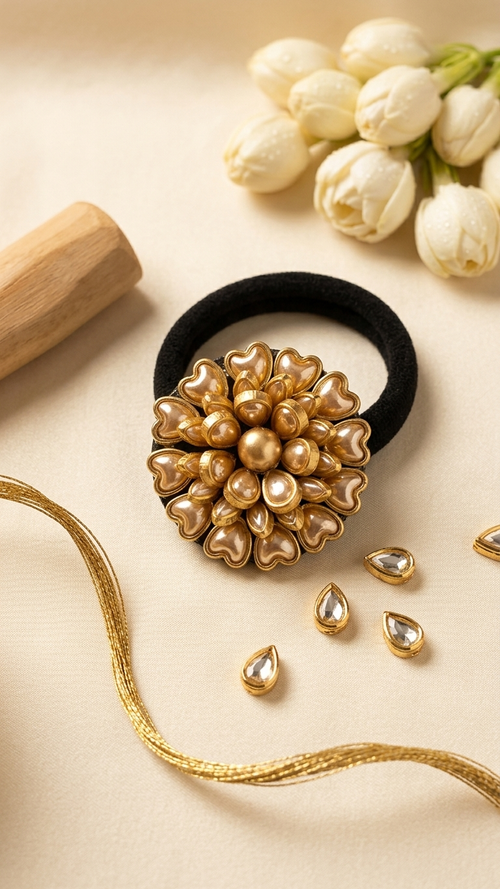 Gold hair tie with decorative beads on a beige surface with white flowers and a gold chain. Antique Gold Beaded Cluster Big Kundan Hair Tie