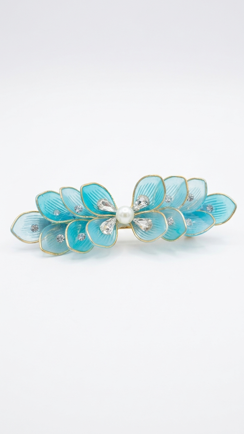 Blue floral hair clip with pearl center on a white background Aqua Winged Petal Brooch Clips