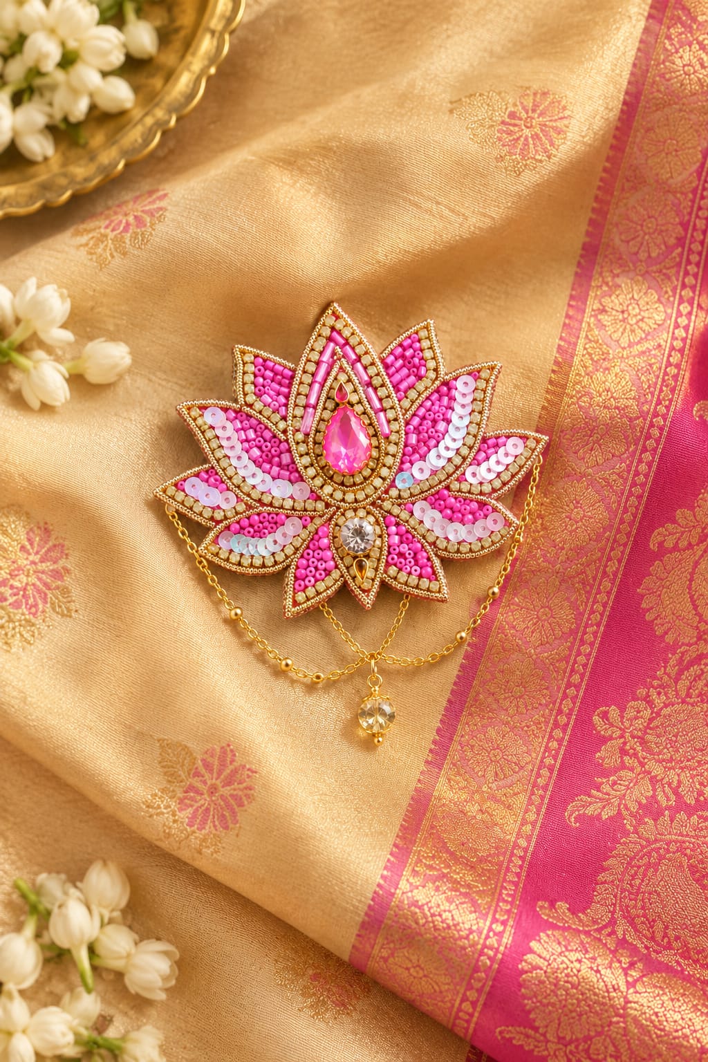 The Zardozi Pink Lotus Statement Hair  Brooch