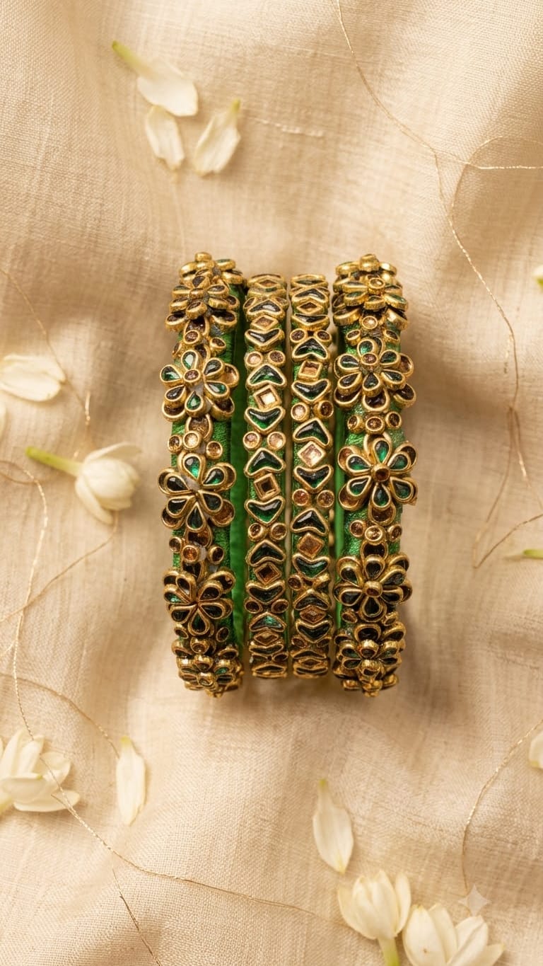 Bottle Green Silk Thread 3D Floral Kundan Bangle Set of 4