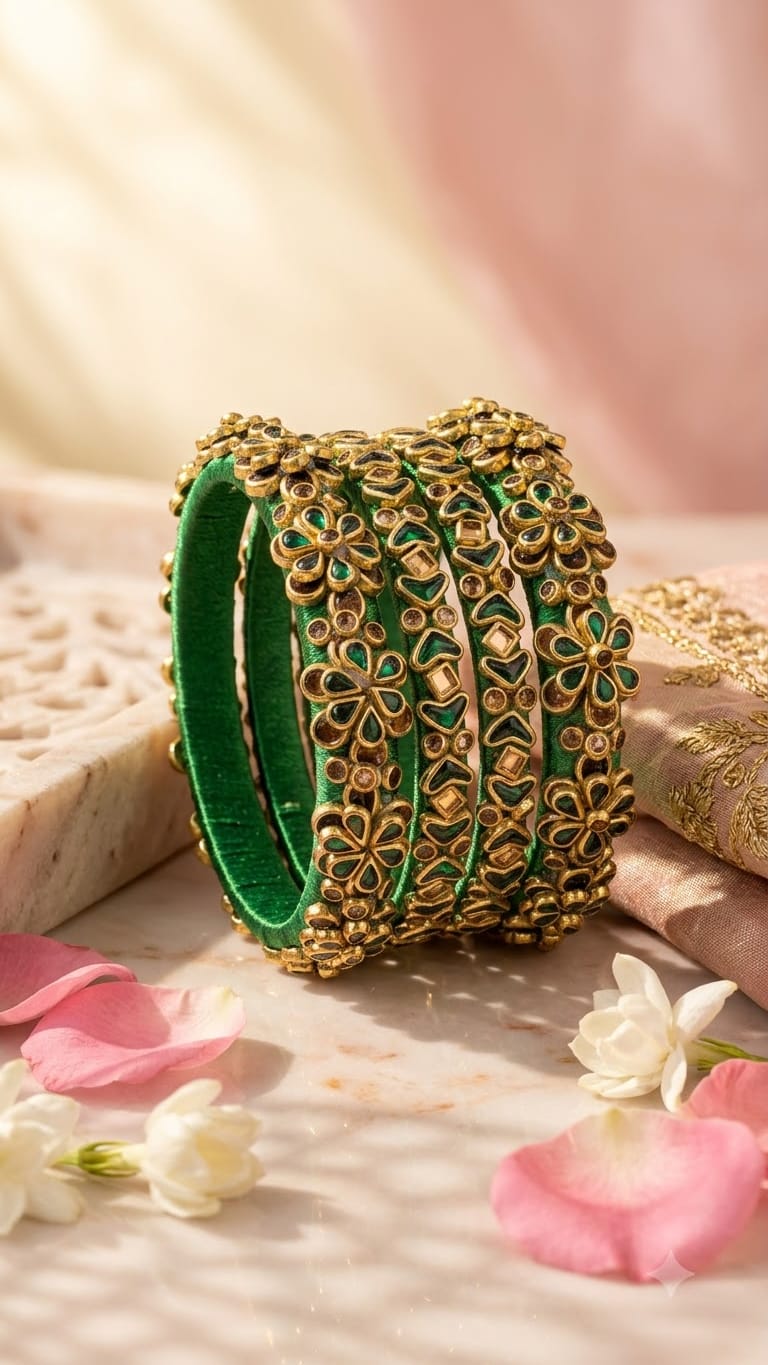 Bottle Green Silk Thread 3D Floral Kundan Bangle Set of 4