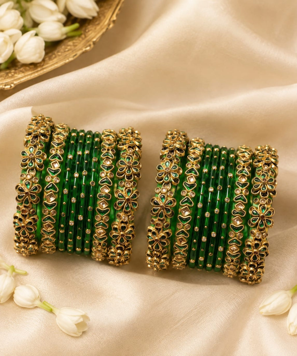 Bottle Green Silk Thread 3D Floral Kundan Bangle Set of 4