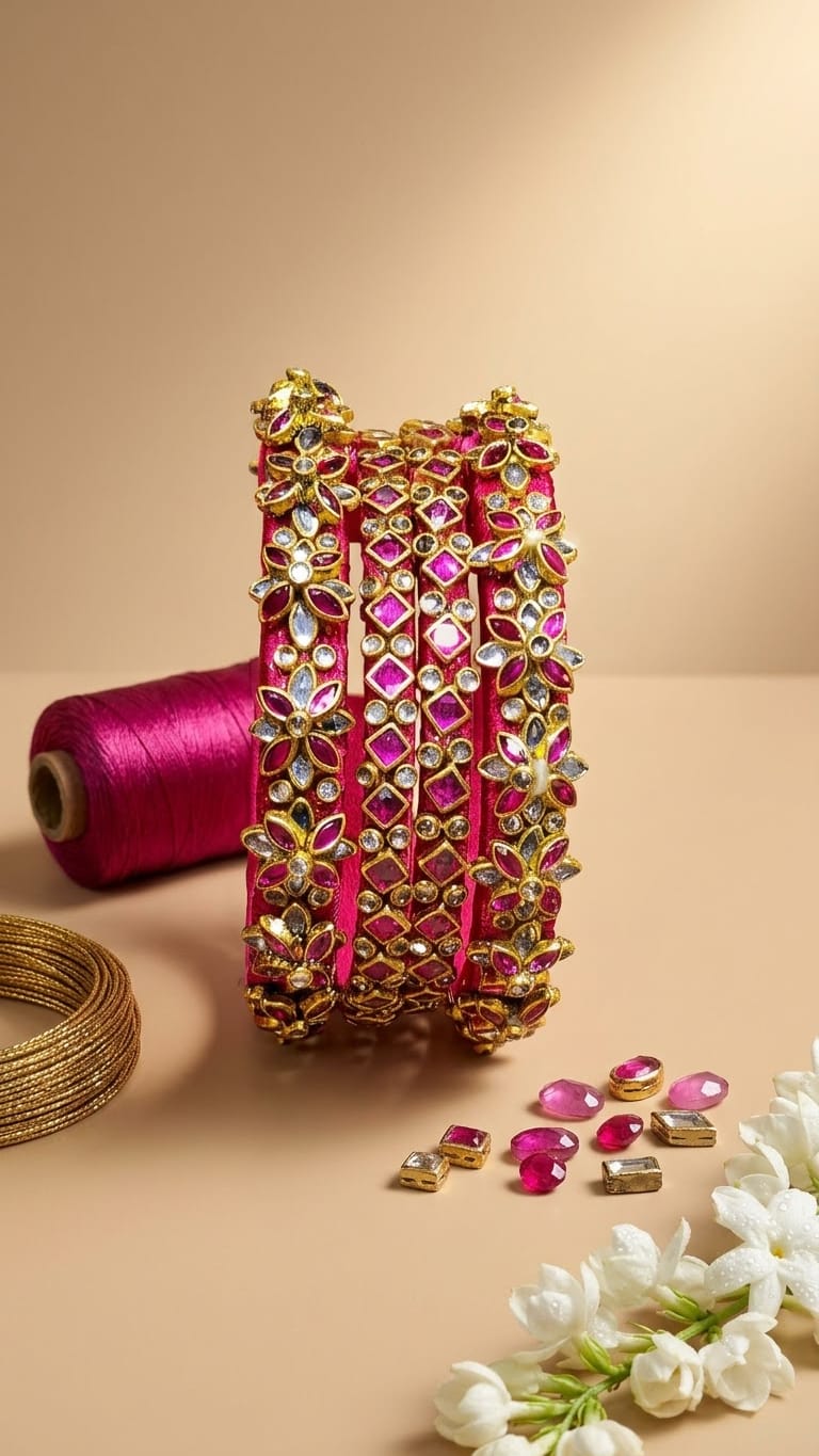 Rani Pink Silk Thread 3D Floral Kundan Bangle Set of 4