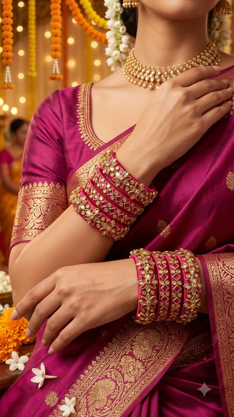 Rani Pink Silk Thread 3D Floral Kundan Bangle Set of 4