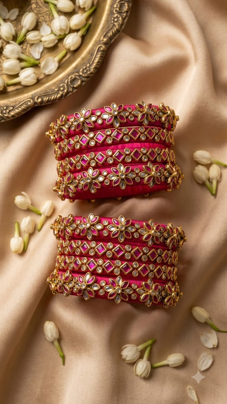 Rani Pink Silk Thread 3D Floral Kundan Bangle Set of 4