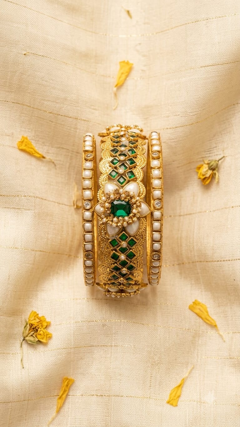 The Royal Emerald & Pearl Kundan 3-Piece Bangle Set