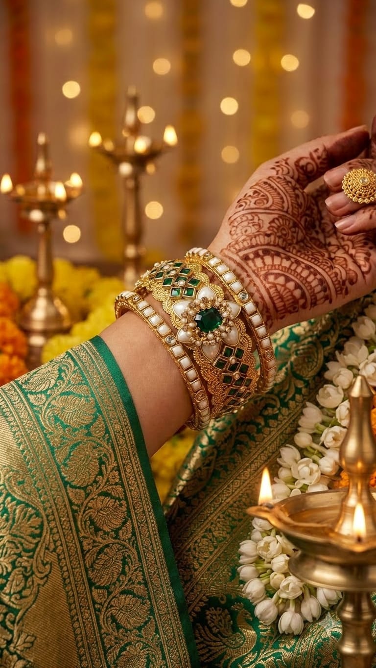 The Royal Emerald & Pearl Kundan 3-Piece Bangle Set