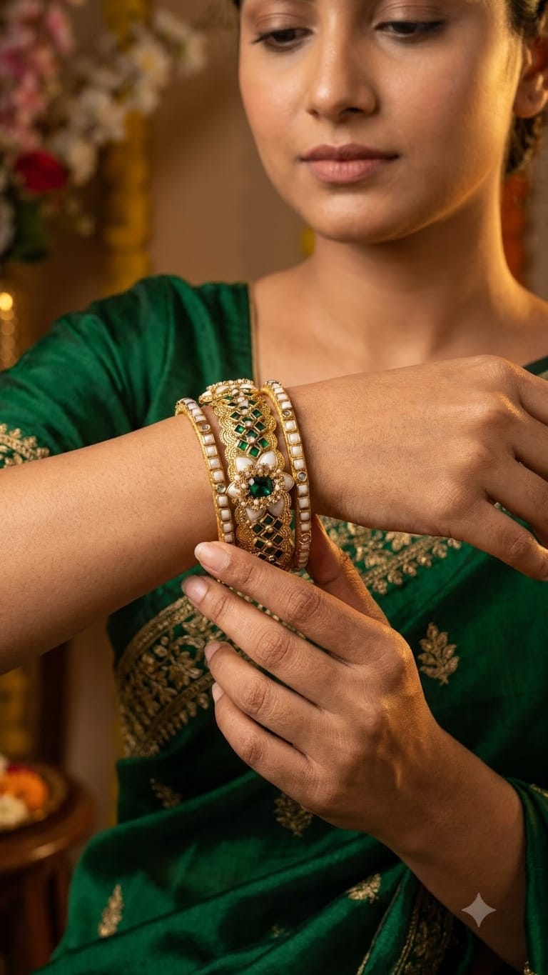 The Royal Emerald & Pearl Kundan 3-Piece Bangle Set