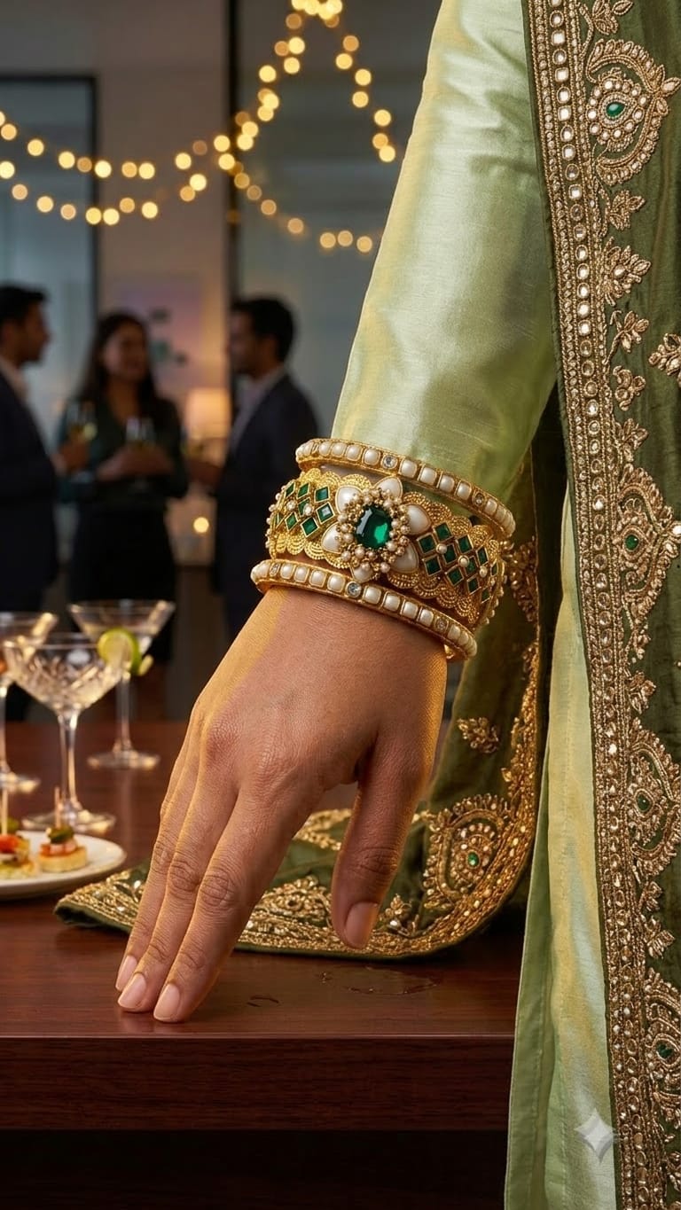 The Royal Emerald & Pearl Kundan 3-Piece Bangle Set